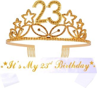 Meant2tobe 23rd Birthday Sash and Tiara Set for Women - Glitter Sash with Stars and Premium Metal Rhinestone Tiara, Perfect for 23rd Birthday Party Celebration a