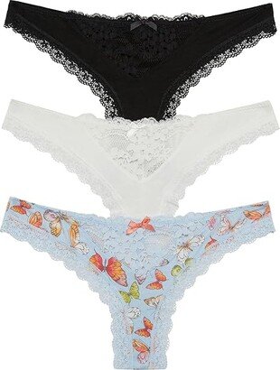 Willow Thong 3-Pack (Black/Macrame/Picnic Butterflies) Women's Underwear