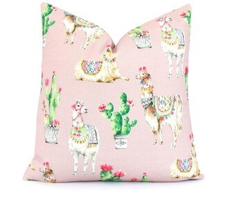 Sample Sale Llama & Cactus Print Throw Pillow Cover With Zipper For Dorm Bedroom Decor, Alpaca Gifts, Boho Blush Cushion Accent