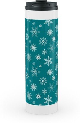 Travel Mugs: Snowflakes On Emerald Stainless Mug, White, 20Oz, Green