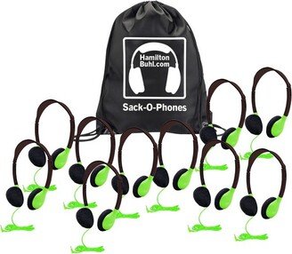 HamiltonBuhl® Sack-O-Phones, 10 Personal Headphones in a Carry Bag, Green