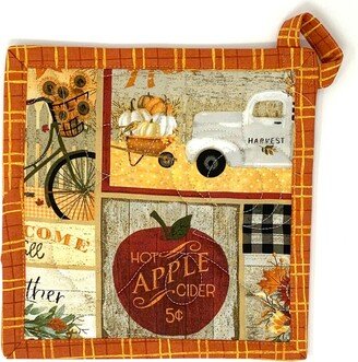 Autumn Pot Holder, Large, Hanging Loop, Apples, Pumpkins, Hot Pad, Orange, Red, Mini Quilt