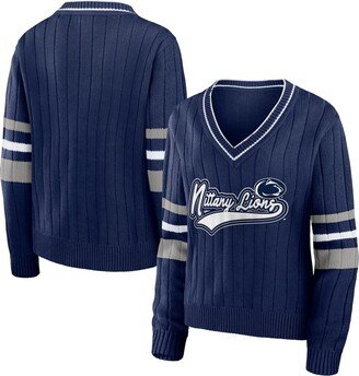 Women's Wear by Erin Andrews Navy Penn State Nittany Lions Script Sleeve Stripe V-Neck Pullover Sweater