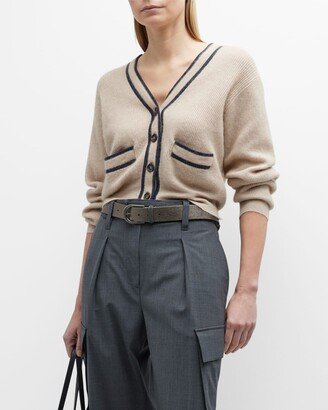 Alpaca Ribbed Cropped Cardigan with Contrast Banding amd Monili Trim