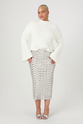 Women's Sequin Lattice Midi Skirt in Silver, 3X