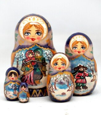 G.DeBrekht Winter Play 5 Piece Russian Matryoshka Wooden Nested Dolls Set