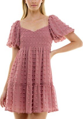 Juniors' Pom-Pom Puff-Sleeve Fit & Flare Dress