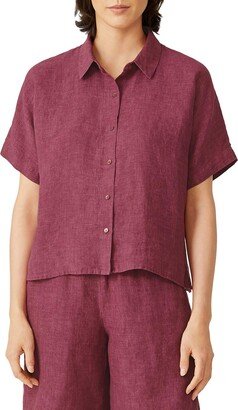 Petites Womens Linen Collared Button-Down Top