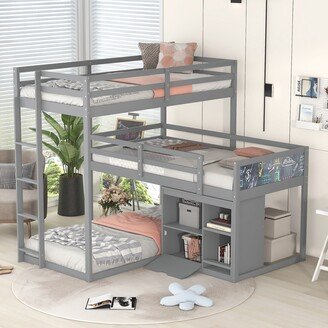 Sunmory L-shaped Wood Triple Twin Size Bunk Bed with Storage Cabinet and Blackboard