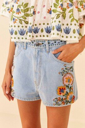 Embroidered Denim Shorts In Summer Garden