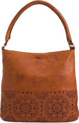 TJMAXX Leather Laser Cut Bottom Panel Hobo With Tubular Handle