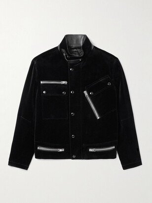 Leather-Trimmed Cotton-Velvet Biker Jacket