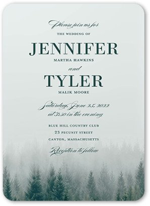 Wedding Invitations: Mountain Mist Wedding Invitation, Green, 5X7, Pearl Shimmer Cardstock, Rounded