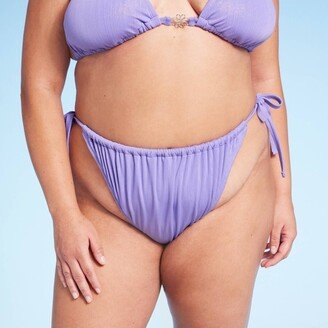 Women's Side-Tie Extra Cheeky High Leg Lurex Plisse Textured Bikini Bottom Purple