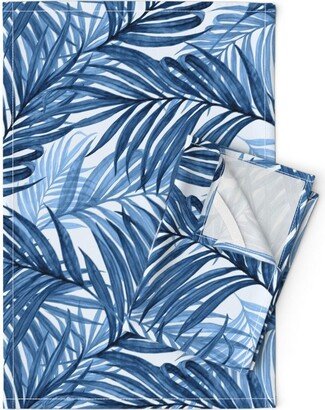 Palm Frond Tea Towels | Set Of 2 - Leaves Indigo By Chicca Besso Tropical Coastal Beach Island Linen Cotton Spoonflower