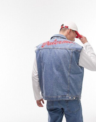 oversized sleeveless denim jacket with palermo back embroidery in blue