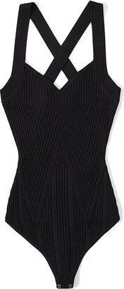 Glossy Rib Crossback Bodysuit (Black) Women's Jumpsuit & Rompers One Piece