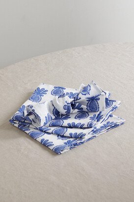 Set Of Six Printed Linen Napkins - Blue-AA