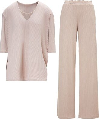 Bluzat Ribbed Beige Matching Set With Blouse And Trousers With Slit