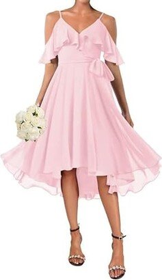 FHMRV Women's V Neck Pleated Short Bridesmaid Dresses Spaghetti Straps Cold Shoulder Flutter Sleeve Chiffon Formal Dresses (Color : Pink