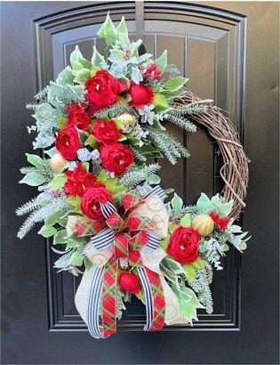 Red Peony Christmas Wreath, Wreath With Flowers, Traditional Holiday Door