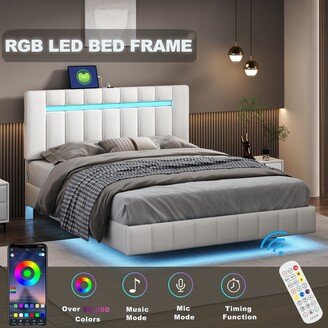 Queen Size Floating Bed Frame with LED Lights and USB Charging,Modern Upholstered Platform LED Bed Frame