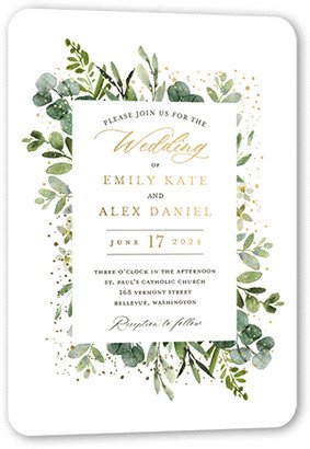 Wedding Invitations: Border Botanicals Wedding Invitation, Gold Foil, White, 5X7, Matte, Personalized Foil Cardstock, Rounded