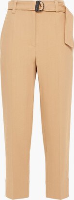 Cropped belted bead-embellished crepe tapered pants