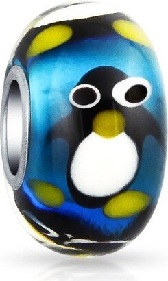 Bling Jewelry Christmas Holiday Cartoon Animal Blue Penguin Charm Bead Fits European Charm Bracelet For Women For Teen Murano Glass .925 Sterling Silver Core Spacer