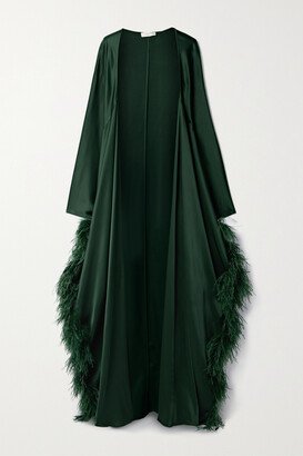 Feather-trimmed Satin-crepe Kaftan - Green