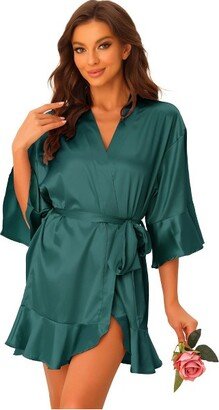 cheibear Women' Satin One Piece Pajama Silky 3/4 Sleeve Tie Wait Loungewear Robe Medium