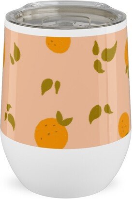 Travel Mugs: Oranges & Leaves On Peach Stainless Steel Travel Tumbler, 12Oz, Orange