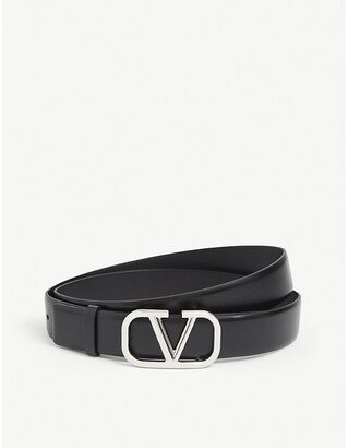 Mens Black Silver V-logo Leather Belt