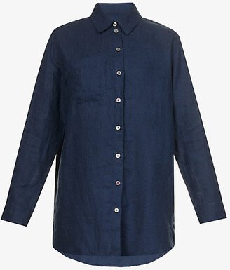 Womens Navy Sicily Relaxed-fit Linen Pyjama Shirt