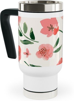 Travel Mugs: Scattered Watercolor Spring Flowers Travel Mug With Handle, 17Oz, Pink