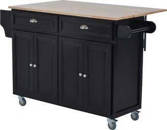 HOMCOM Rolling Kitchen Island on Wheels Ultility Cart with Drop-Leaf and Rubber Wood Countertop Storage Drawer Door Cabinet Black