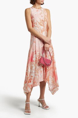 Asymmetric printed silk-charmeuse midi dress