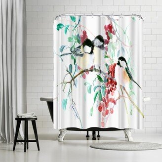 71 x 74 Shower Curtain, Chickadees And Berries by Suren Nersisyan