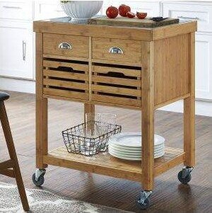 Kenta Bamboo Kitchen Cart with Stainless Steel Top Natural