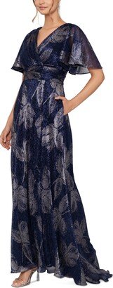 Petite Foil-Print Flutter-Sleeve Maxi Dress - Navy/Gun