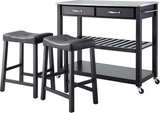 Stainless Steel Top Kitchen Cart/Island - Black with 24 Black Upholstered Saddle Stools