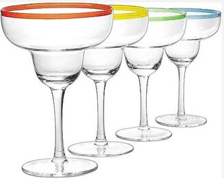 Glass Colorful Party Rim 12 oz Margarita Glasses, Set of 4