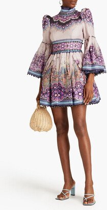 Gathered printed linen and silk-blend mini dress