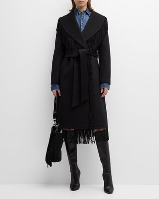 Shawl-Collar Fringe Wool Coat