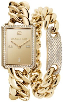 Women's Gold Tone Chunky Chain with Rectangle Face Stainless Steel Strap Analog Watch Matching Bracelet Set 40mm