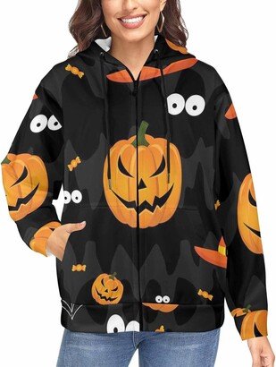 LOSARON Abstract Pumpkin Pattern Women's Workout Sweat Jackets Zipper Drawstring Hooded Jackets Comfortable Hoodie Fall Outfits M