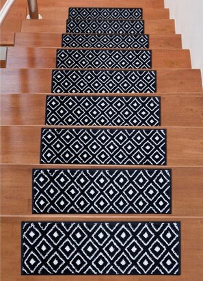 Beverly Rug Indoor Non Slip Carpet Stair Treads w/ Installed Tape 9x28 Medallion Navy / Ivory