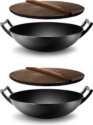 Pre Seasoned Nonstick Cooking Wok Cast Iron Kitchen Stir Fry Pan w/ Wooden Lid for Gas, Electric, Ceramic, & Induction Countertops (2 Pack)