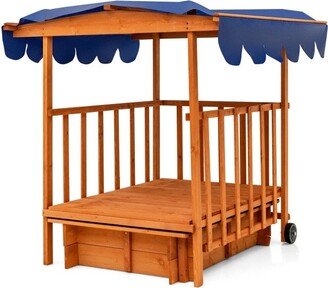 Kids Outdoor Wooden Retractable Sandbox with Cover and Built-in Wheels-Natural - 43.3 x 43.3 x 47.2