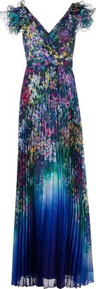 Floral-Print Pleated Gown